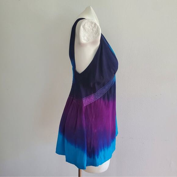 Vintage Sleeveless Empire Waist Tie Dye Blouse V Neck Crochet Lace Boho Hippie - Picture 3 of 14